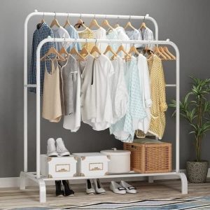 Stojan na oblečenie s policou na topánky 155 x 58 x 154 cm biely BeComfort CR009-150