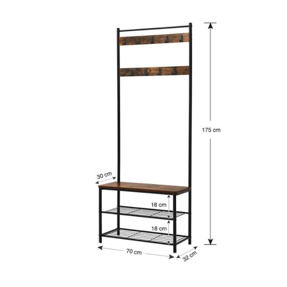 Lavička na topánky so sedákom a vešiakom rustikálna 70 x 31 x 175 cm BC STL-07